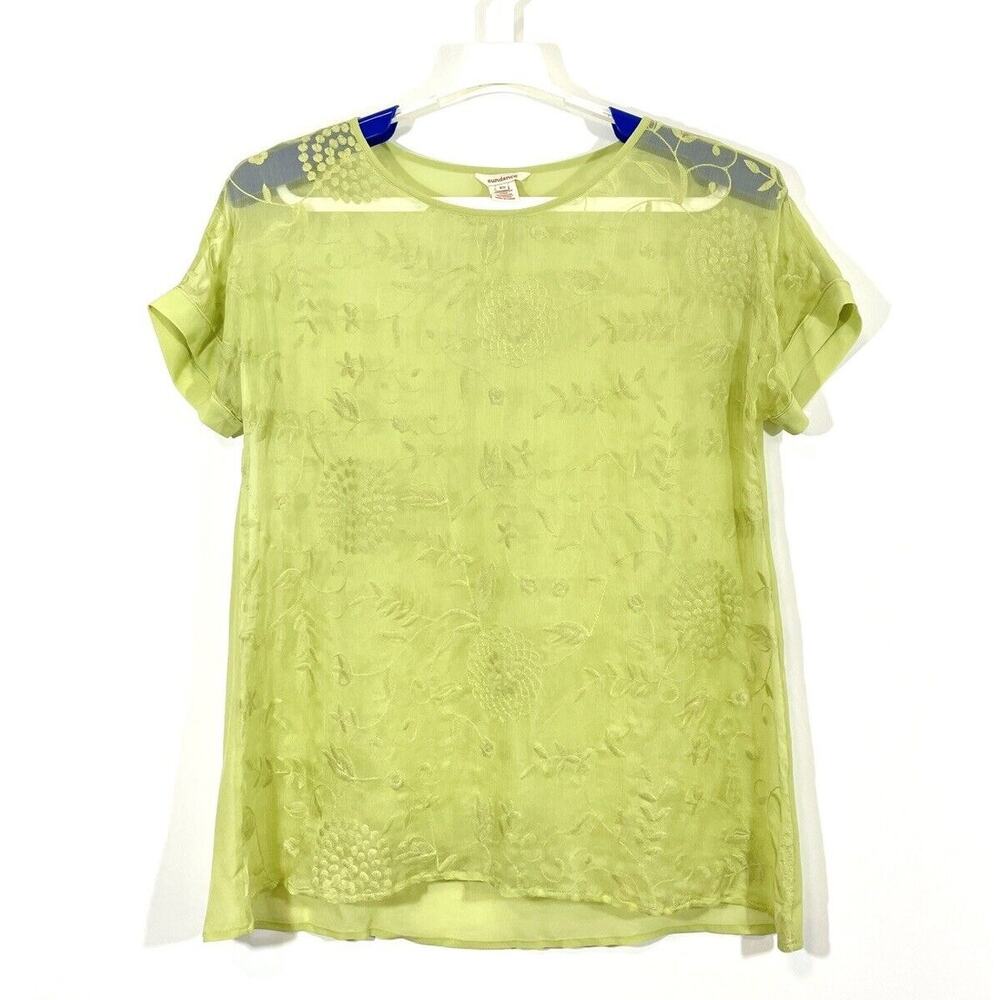 SUNDANCE Embroidered Semi Sheer Front Silk Short Sleeve Top Size XS Green